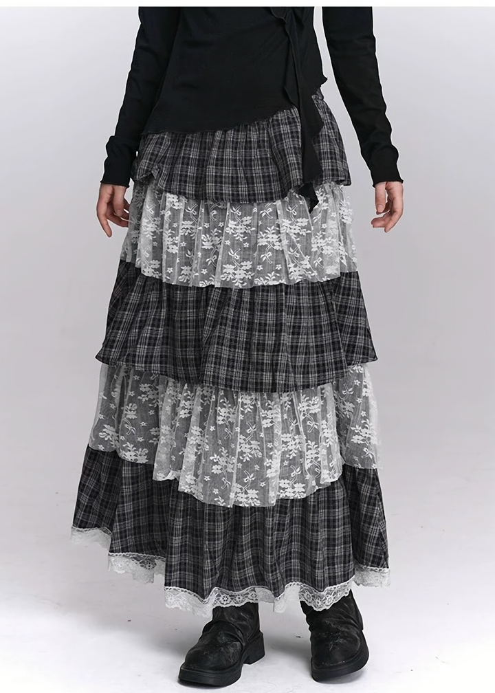 TIERED CHECK LACE LONG SKIRT / LG1415