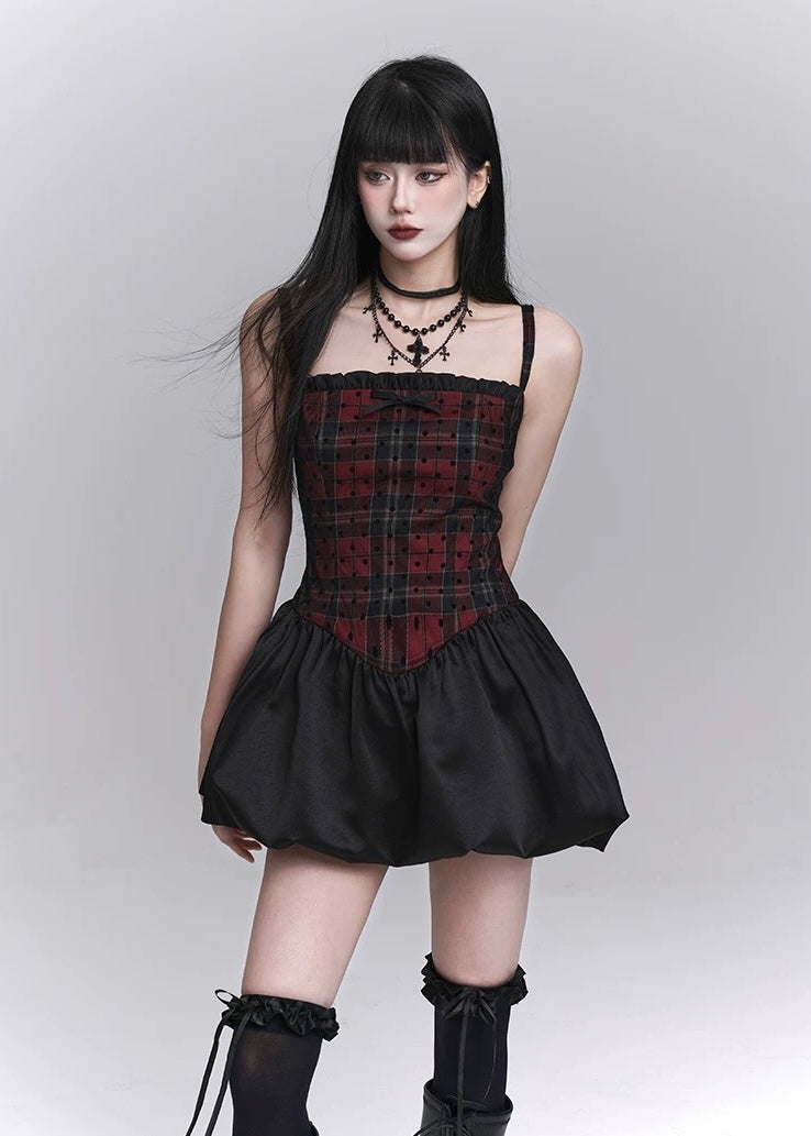 checkered suspender short dress / LG1246