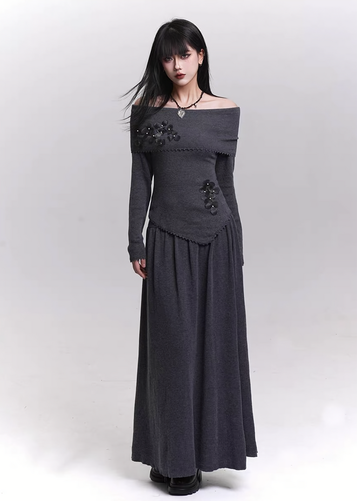 OFF-SHOULDER PETAL-APPLIQUÉ LONG ONE-PIECE / LG1459