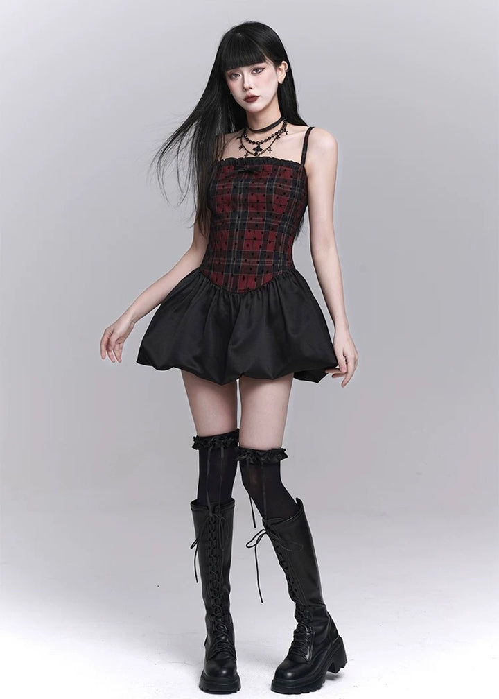 checkered suspender short dress / LG1246