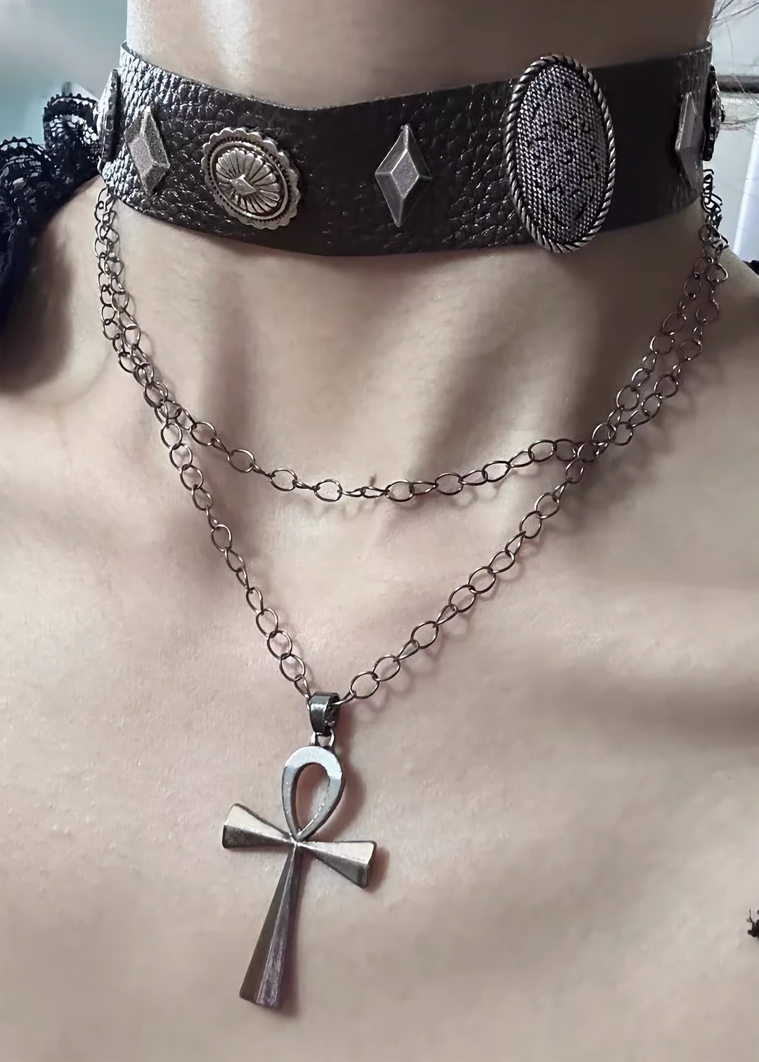 Leather stackable cross necklace chocker / A1111