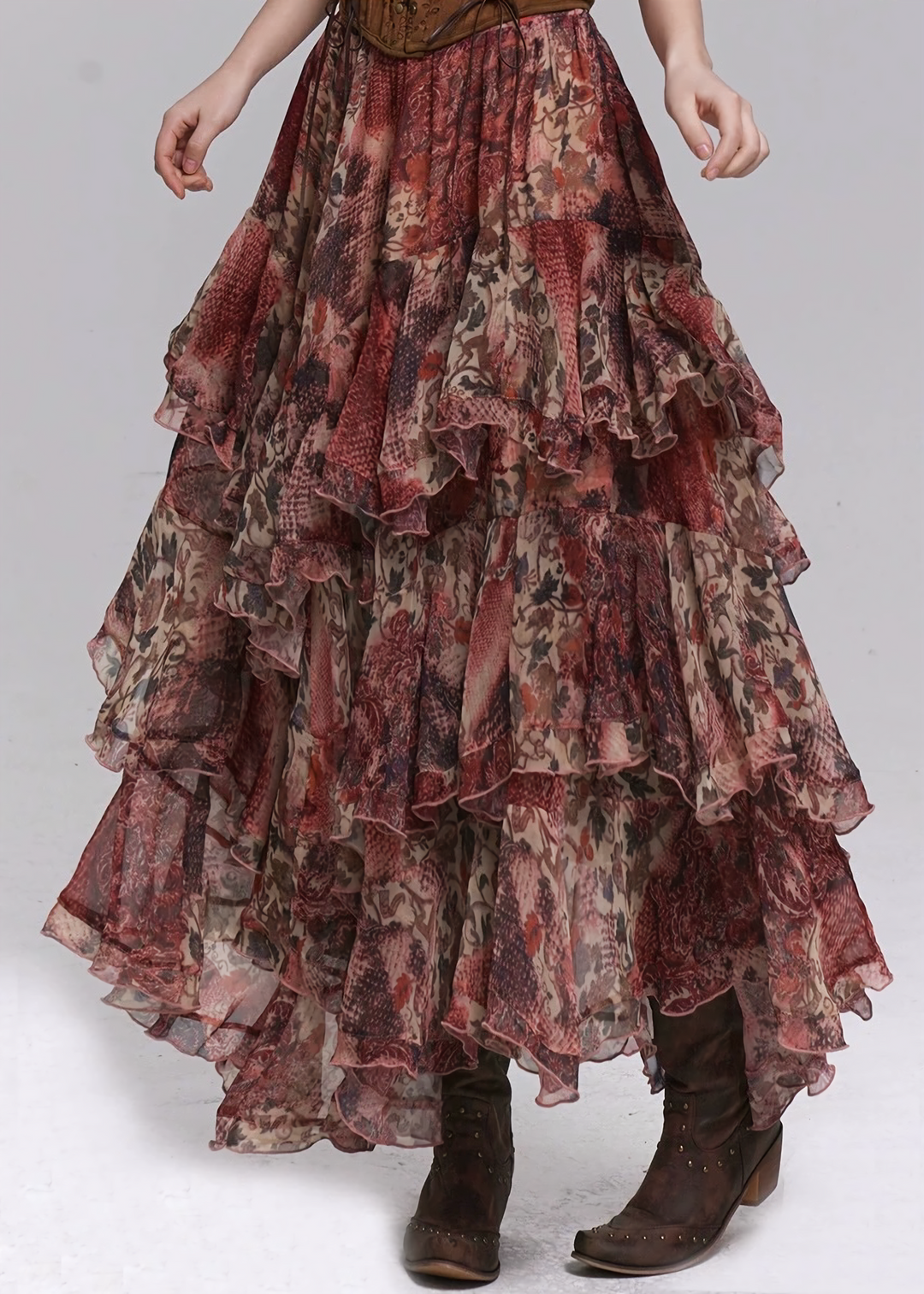 RED FLORAL TIERED LONG SKIRT / LG1501