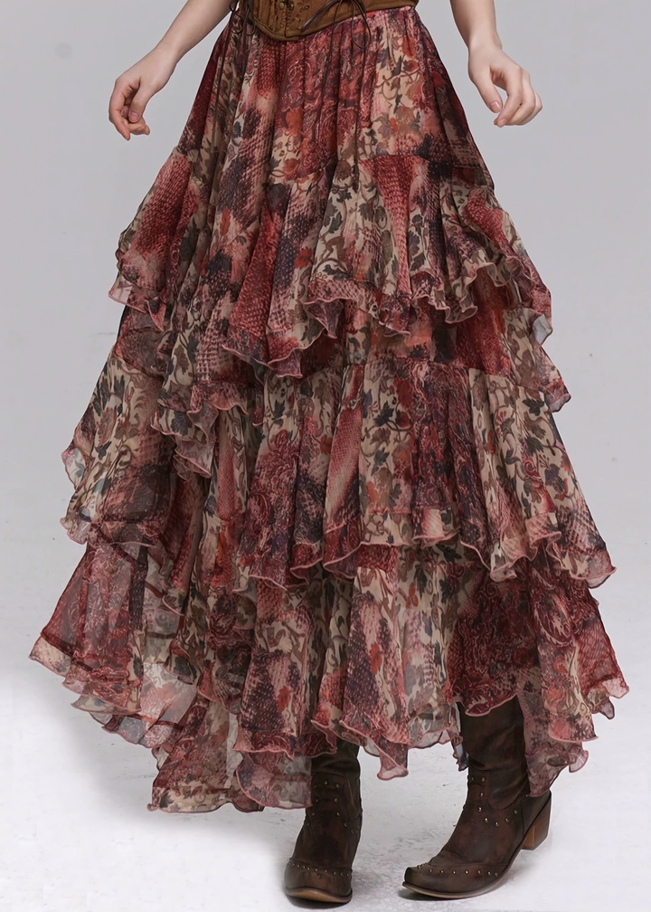 RED FLORAL TIERED LONG SKIRT / LG1501