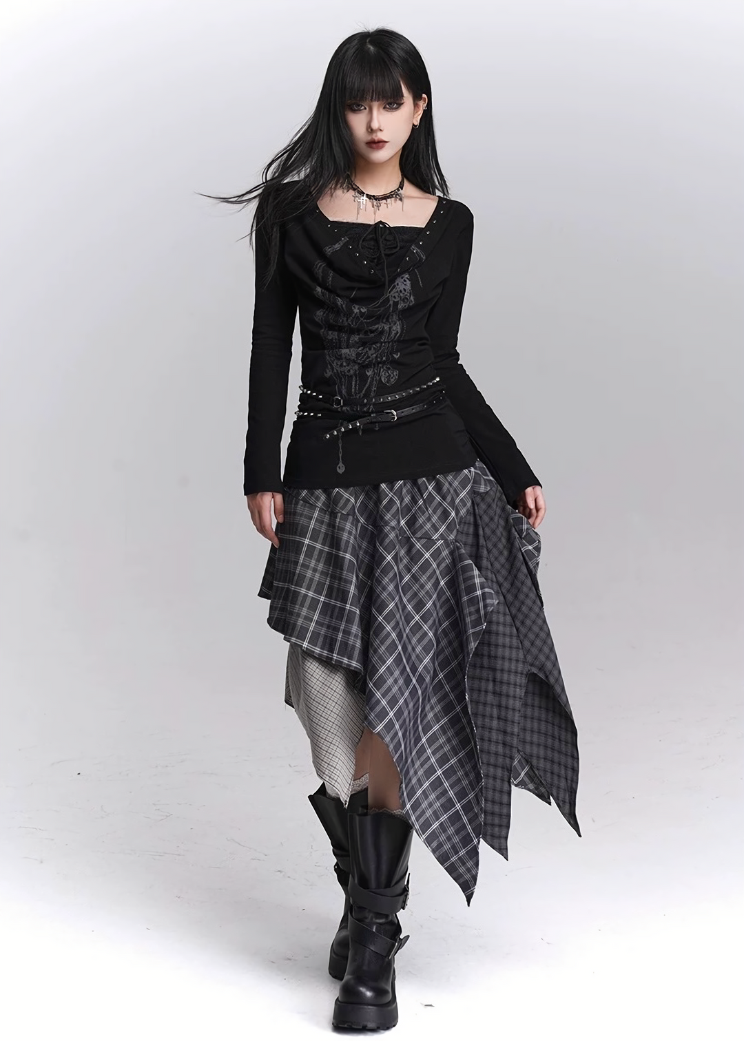ASYMMETRY CHECK DRAPE SKIRT / LG1447