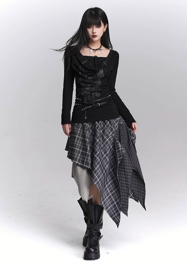 ASYMMETRY CHECK DRAPE SKIRT / LG1447