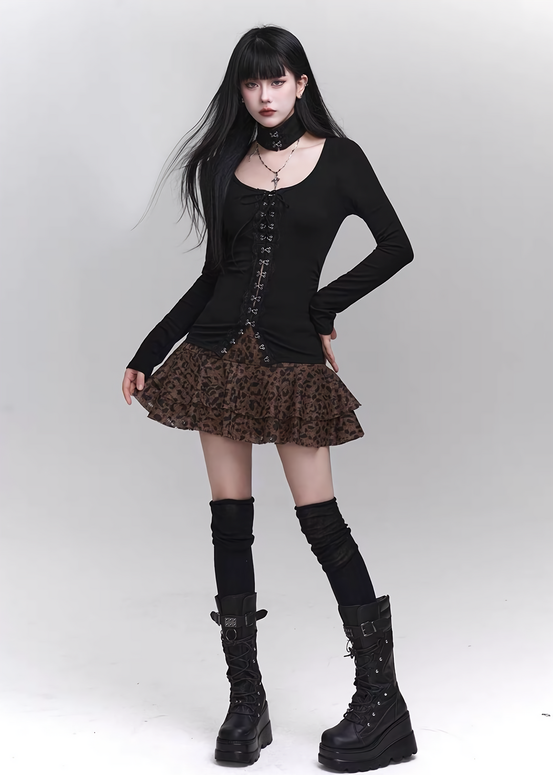 【당일 배송】Black lace cut and sew + leopard print skirt / LG1160