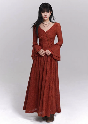 RUCHED LACE FLARE SLEEVE DRESS / LG1482