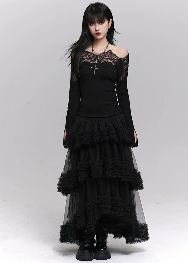 SHADOW LACE OFF-SHOULDER KNIT TOP / LG1487
