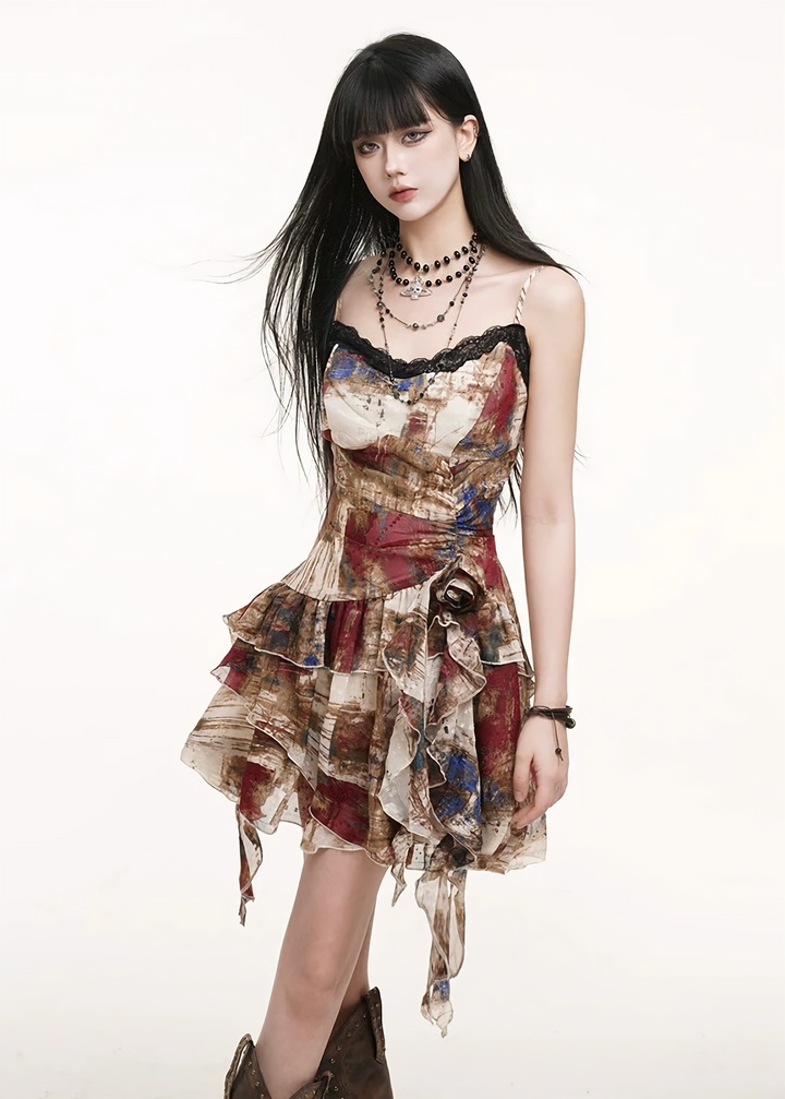 Art Print Frill Cami Dress / lg1320 