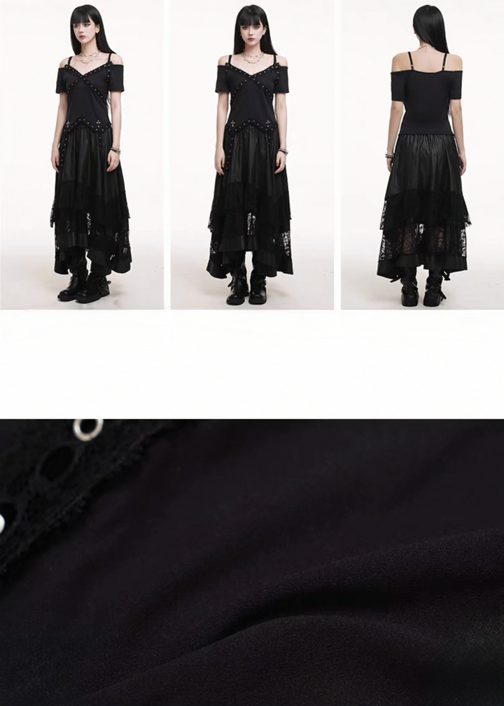 Off-the-shoulder cross rivet top &amp;amp; Lace Patchwork Solid Color Skirts / lg1254 