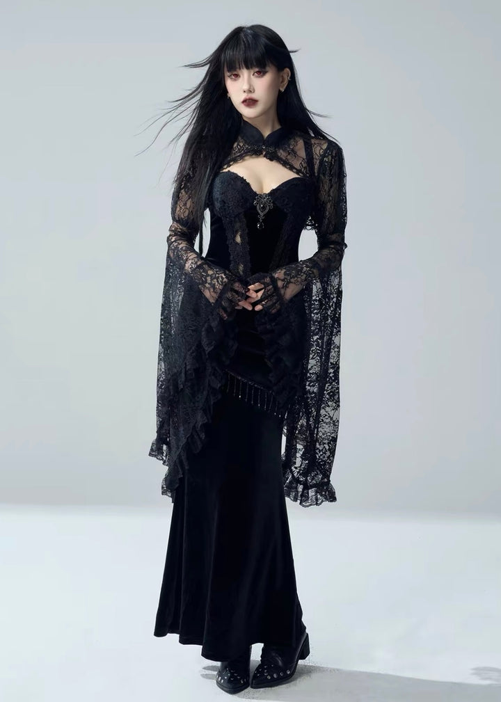 VELVET LACE DRAPE DRESS / LACE BELL SLEEVE BOLERO / LG1731