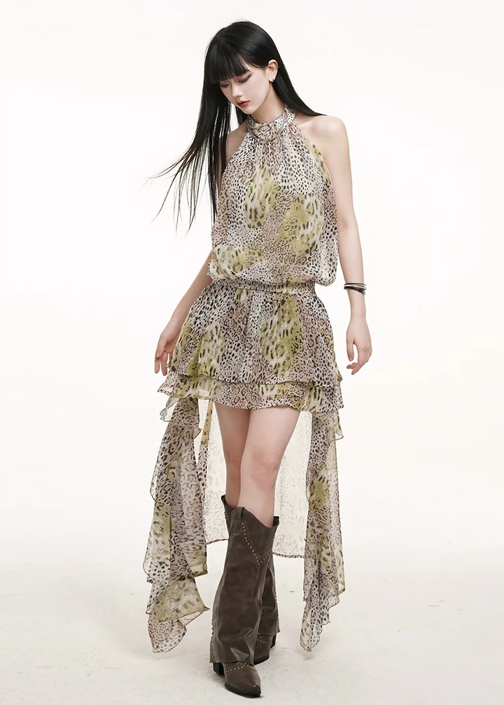 Chiffon halter neck asymmetric dress / lg1317
