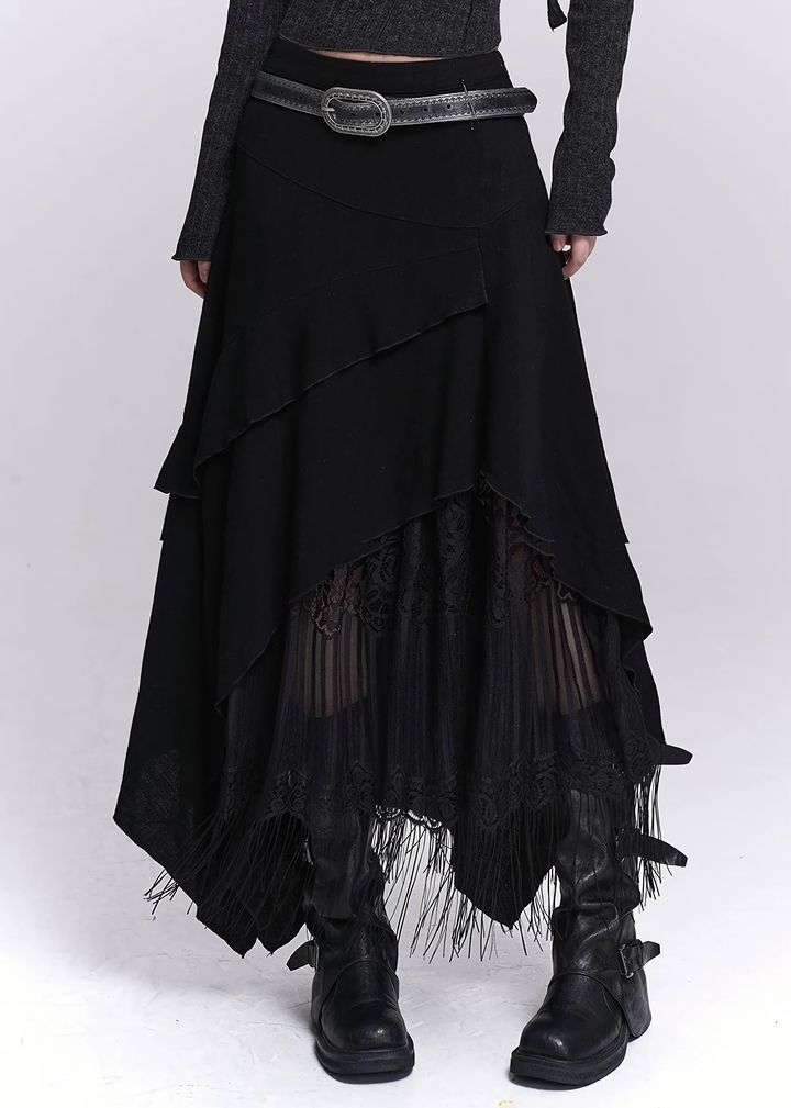 IRREGULAR LAYERED LACE FRINGE SKIRT / LG1526