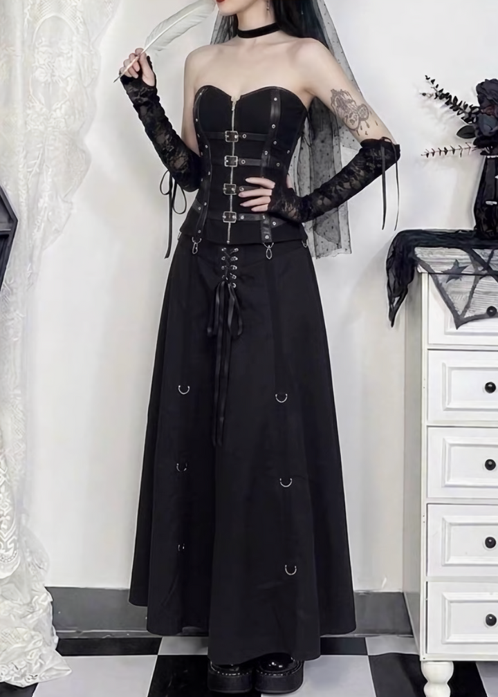 DARK BUCKLE BUSTIER TOP &amp; ASYMMETRIC LONG SKIRT / LG1667