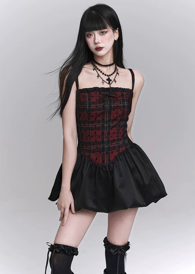 checkered suspender short dress / LG1246