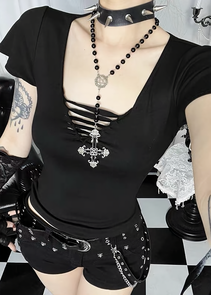 DARK LACE-UP V-NECK TOP / LG1636