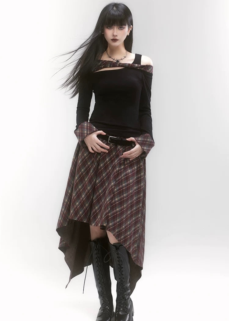 off shoulder check top &amp; unbalanced check skirt / LG1189 