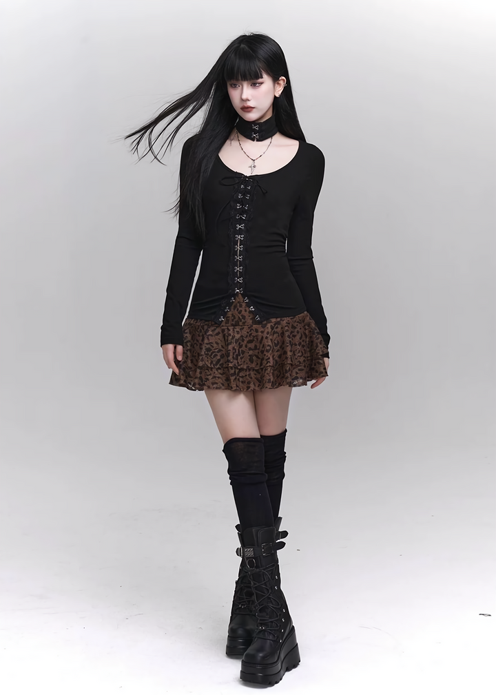 【당일 배송】Black lace cut and sew + leopard print skirt / LG1160