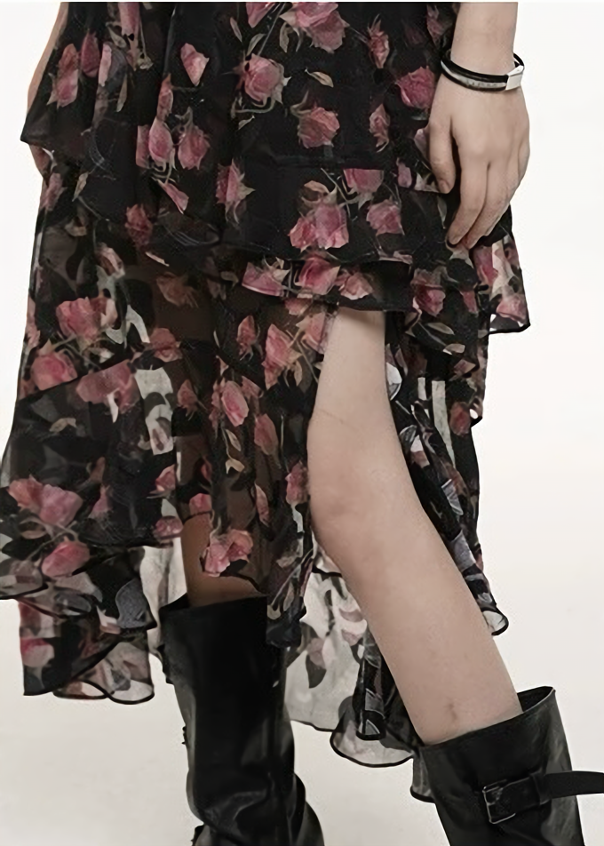 Rose print sheer cami dress / lg1262 