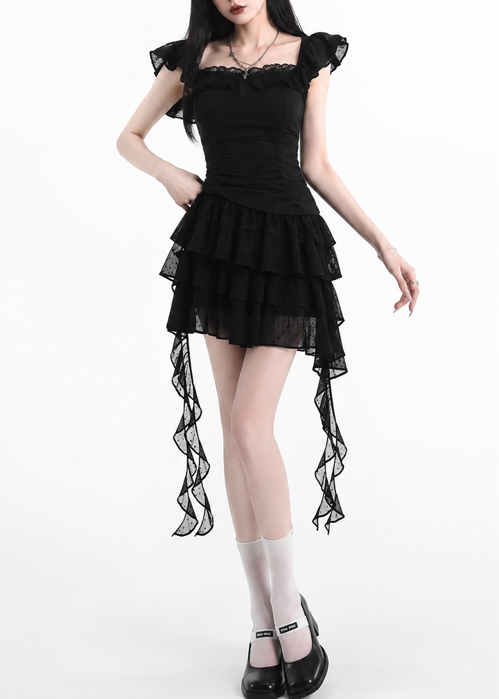DARK FRILL LAYERED MINI DRESS / LG1628