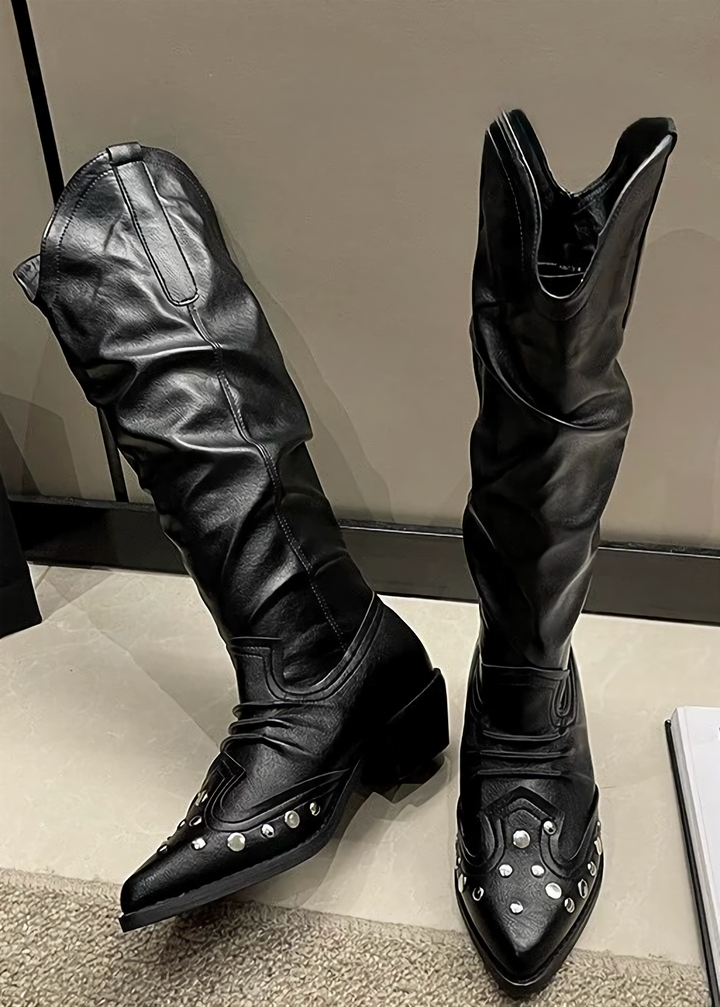 METAL STUDDED LONG WESTERN BOOTS / V1157
