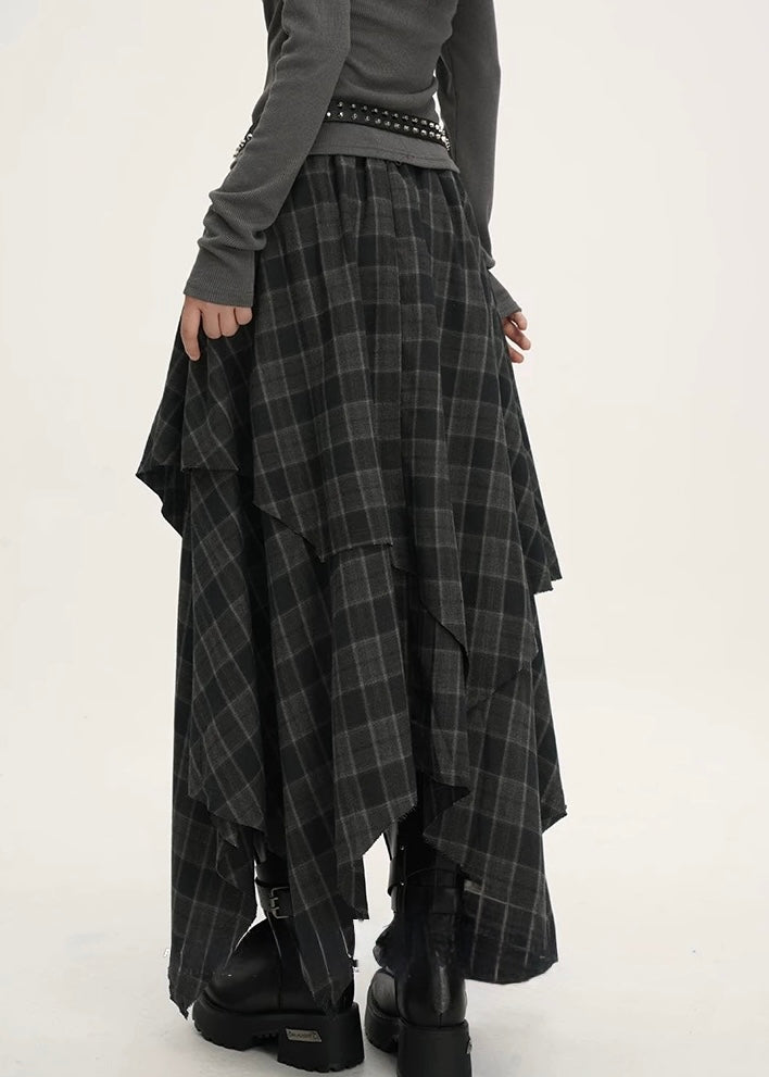 ASYMMETRIC CHECK DRAPE SKIRT / LG1539