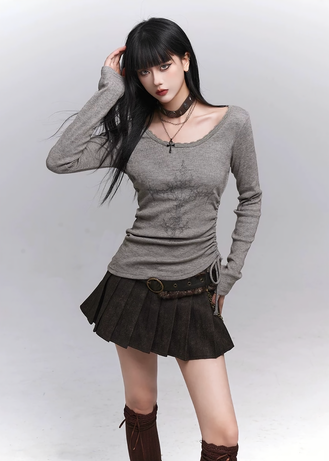 Side shirred long sleeve top / lg1339