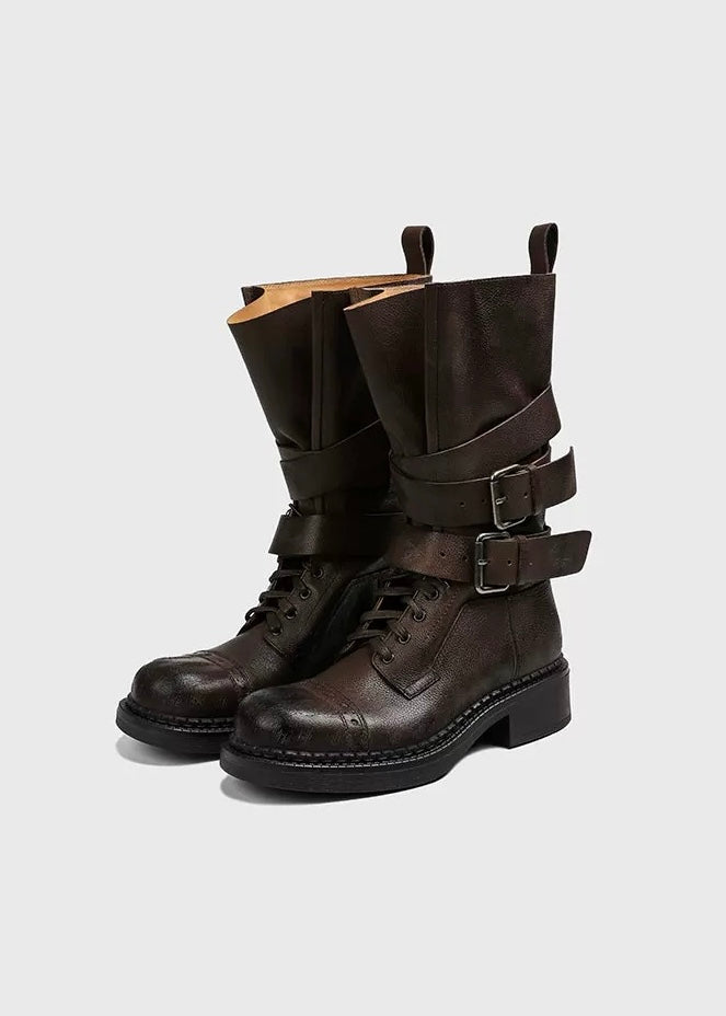 Double belt high-top lace-up boots / v1152