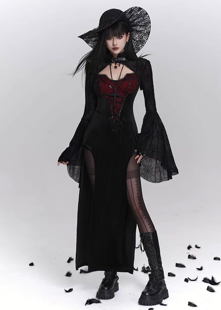 Crimson Web Lace-up Gothic Dress  & Cardigan  / LG1410