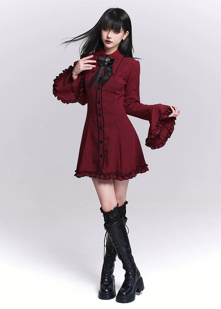 Flare Sleeve Check Shirt Dress / LG1518