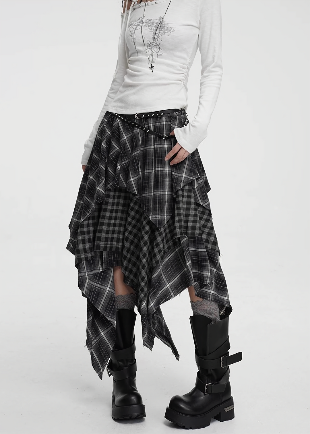 ASYMMETRIC CHECK DRAPE SKIRT / LG1424