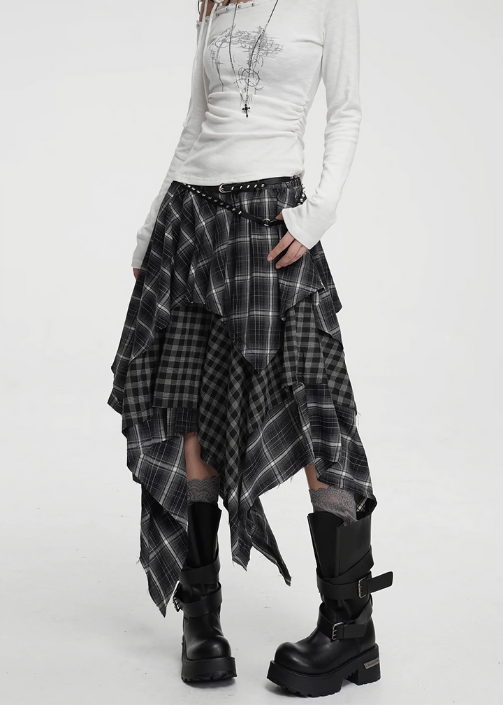 ASYMMETRIC CHECK DRAPE SKIRT / LG1424