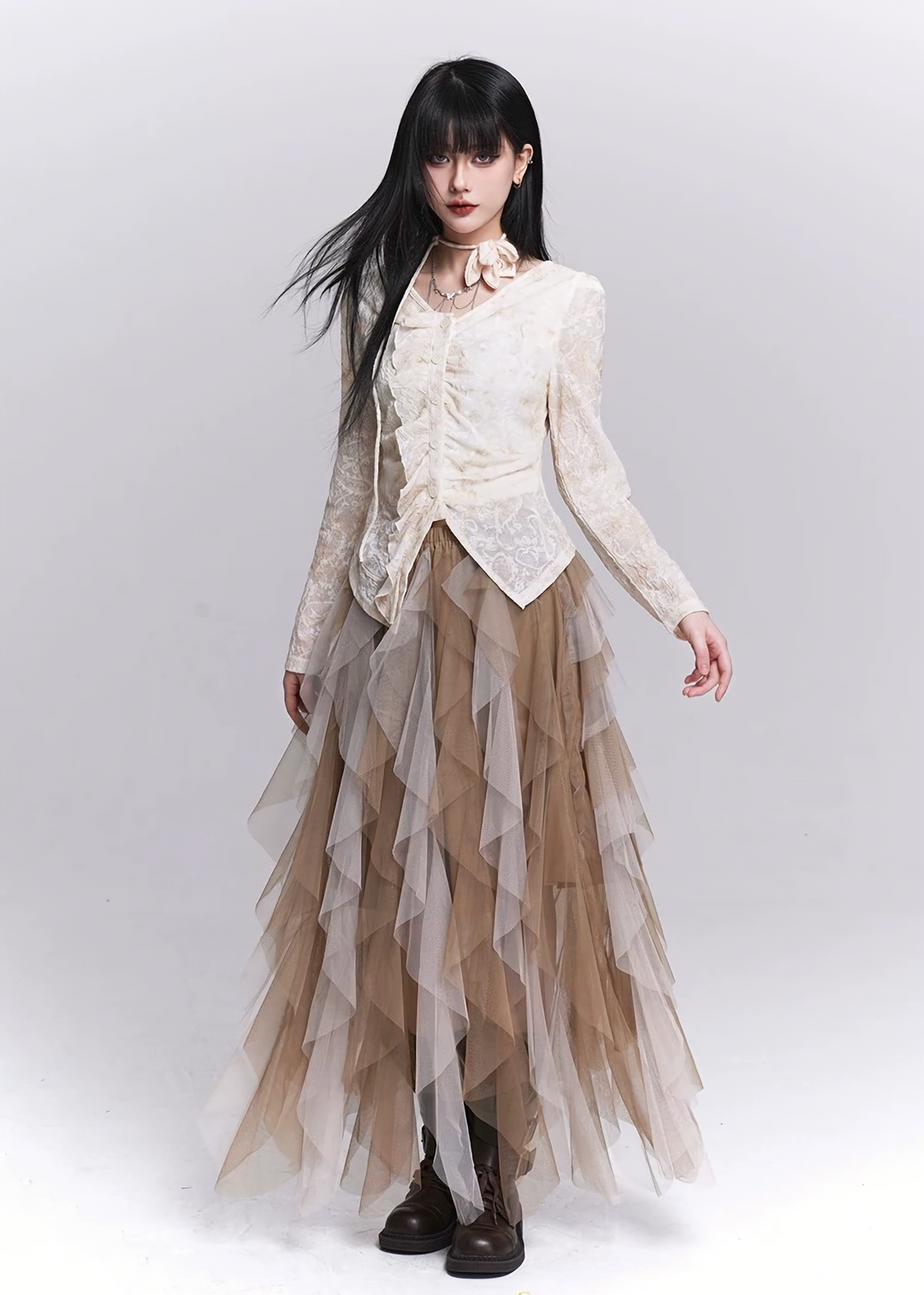 IRREGULAR MESH LAYERED LONG SKIRT / LG1542