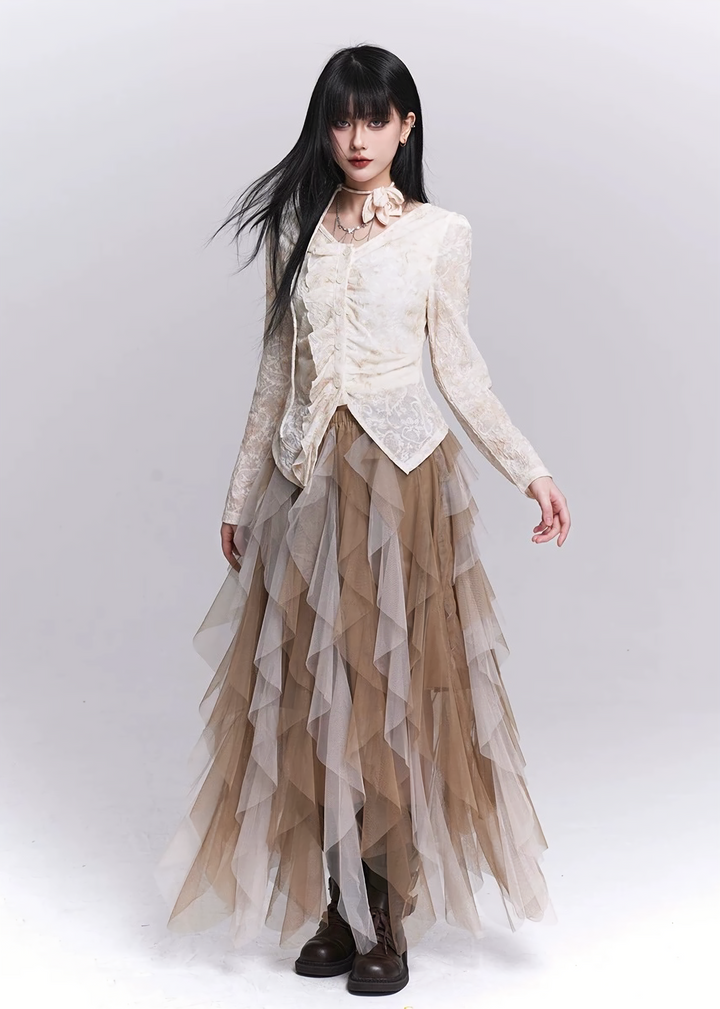 IRREGULAR MESH LAYERED LONG SKIRT / LG1542