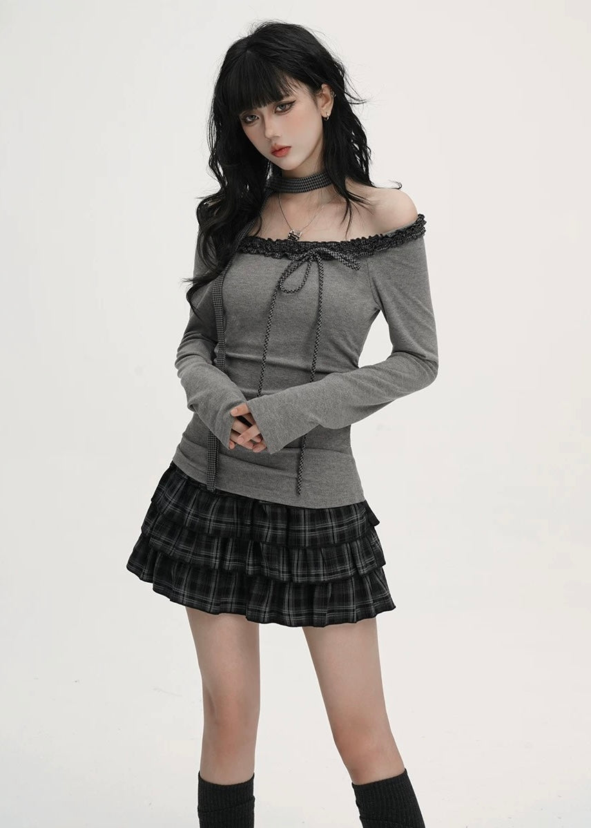 OFF SHOULDER LACE RIB TOP / LG1536