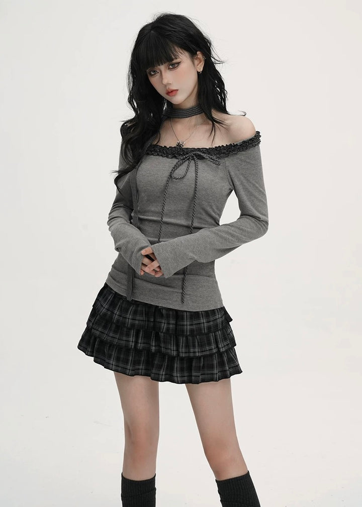 OFF SHOULDER LACE RIB TOP / LG1536