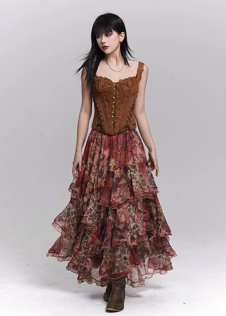 RED FLORAL TIERED LONG SKIRT / LG1501