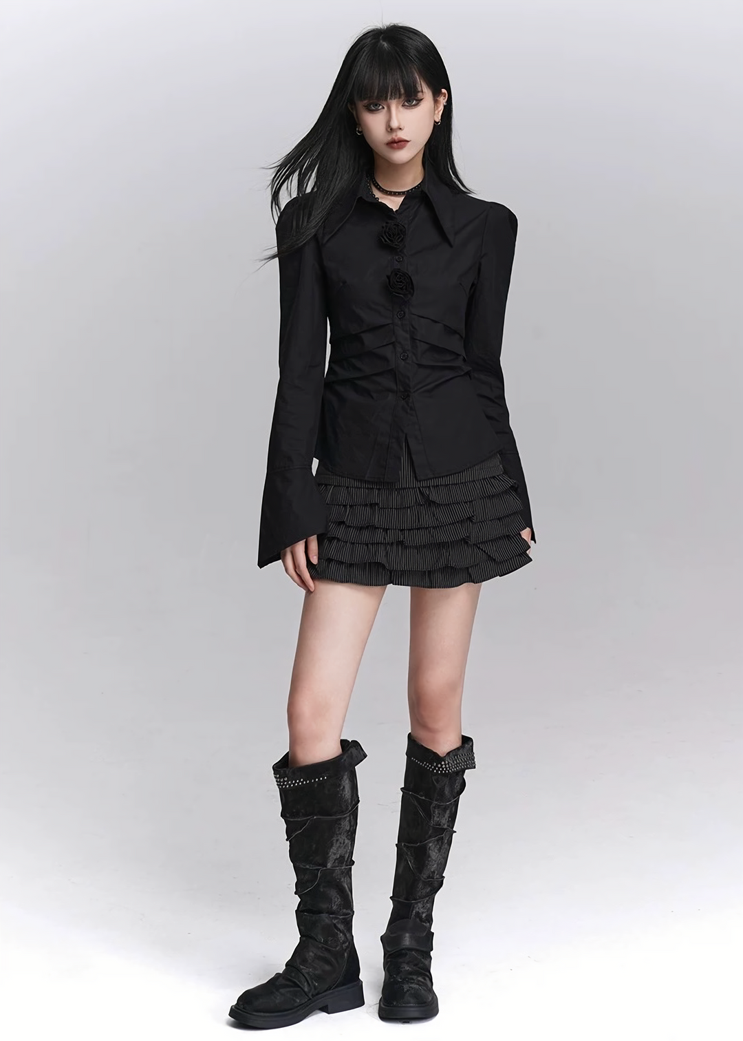 FLOWER BUTTON FLARE SLEEVE SHIRT / LG1429