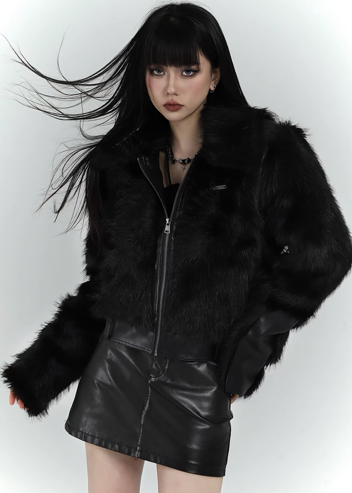 short faux black fur jacket / LG1168