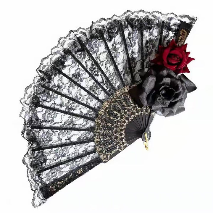 GOTHIC DOUBLE ROSE LACE FAN / V1182