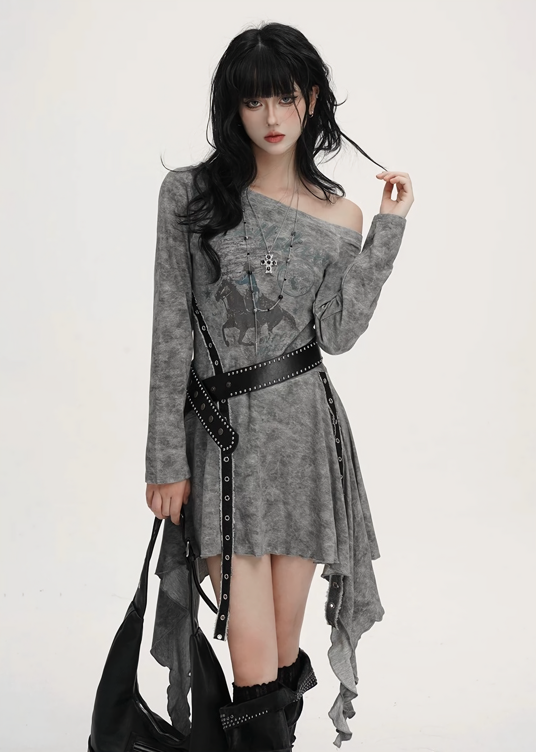 ACID WASH ASYMMETRIC BELTED DRESS / lg1363_e4r