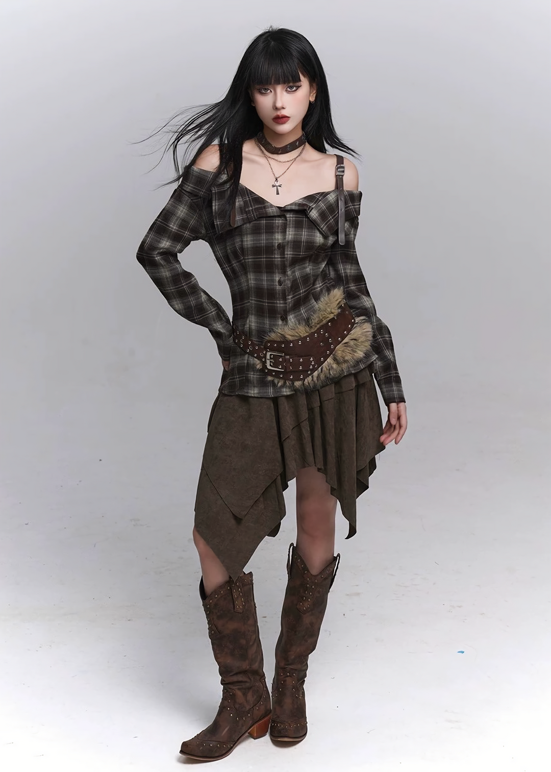 Plaid Off-Shoulder Strap Shirt / lg1366