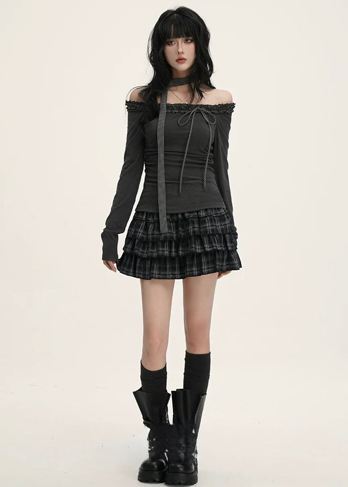 Dark Check Tiered Mini Skirt / lg1375