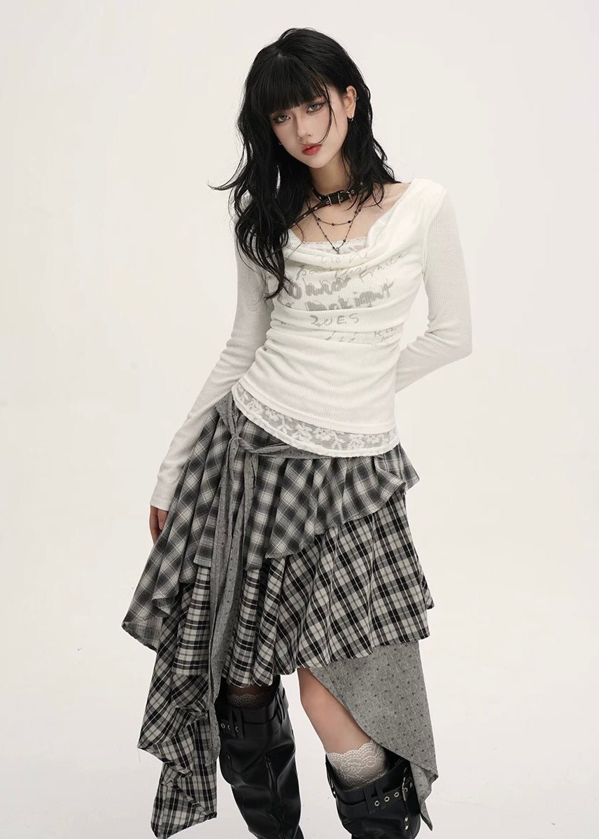 MIX CHECK LAYERED ASYMMETRY SKIRT / LG1540