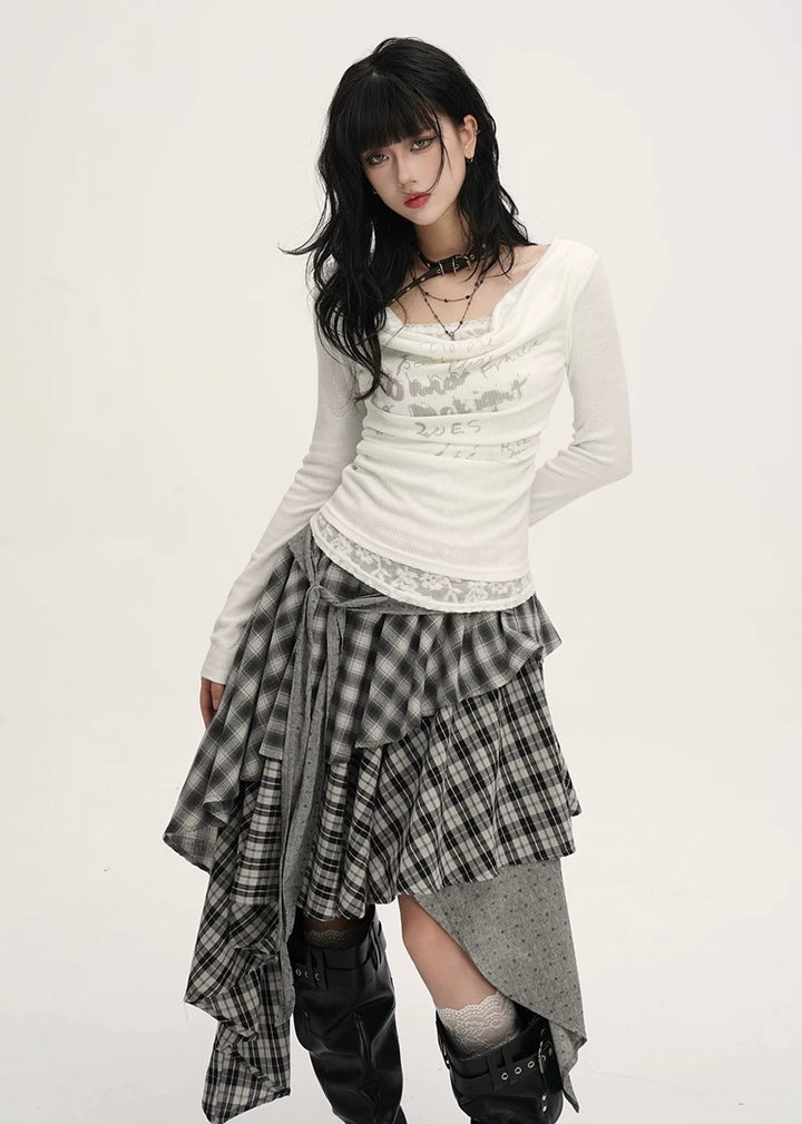 MIX CHECK LAYERED ASYMMETRY SKIRT / LG1540