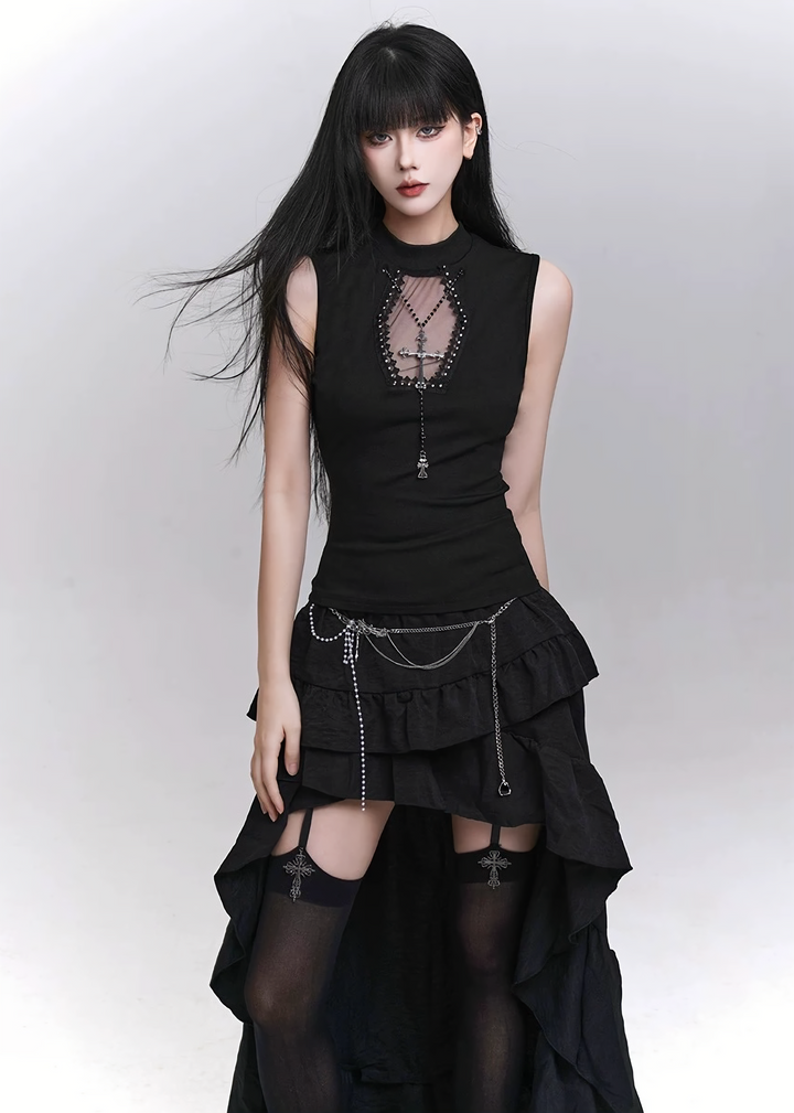 Pearl and cross motif gothic lace camisole / LG1300