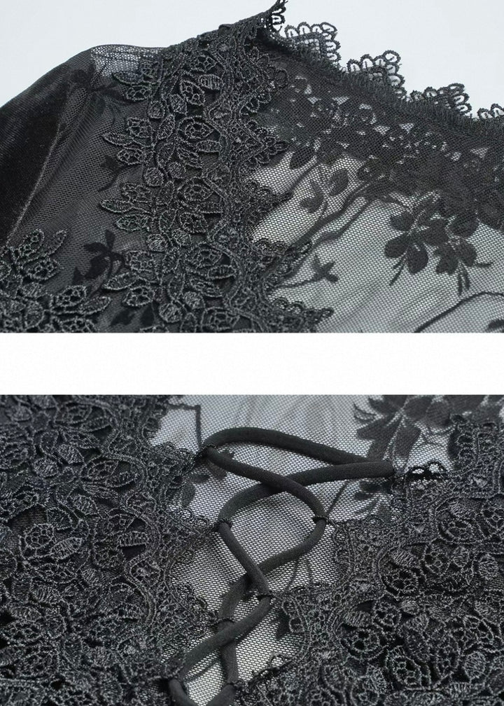 VELVET LACE-UP LACE PANEL LONG DRESS / LG1729