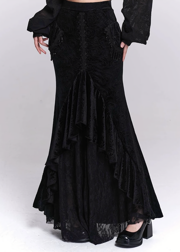 Black Jacquard Fishtail Long Skirt / LG1521