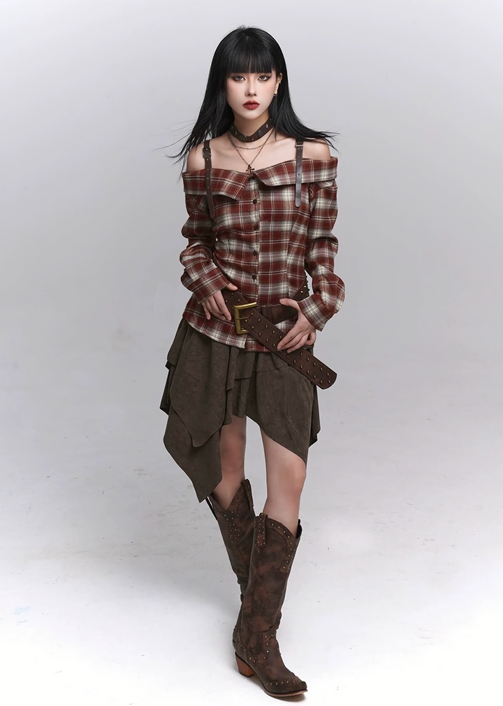 Plaid Off-Shoulder Strap Shirt / lg1366
