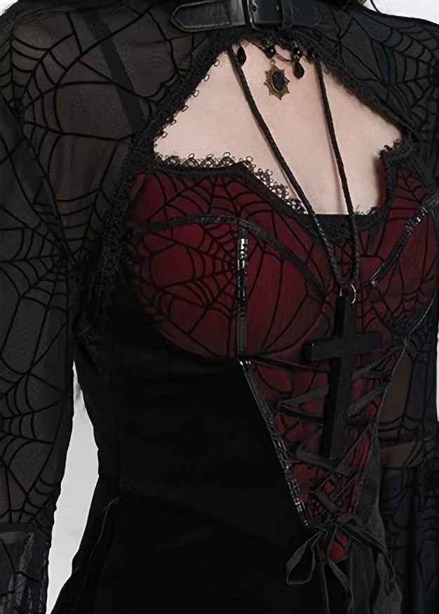 Crimson Web Lace-up Gothic Dress  & Cardigan  / LG1410